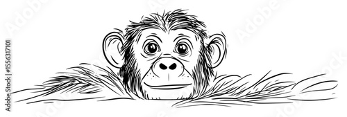 baby chimpanzee peeking through grass vector linear sketch illustration
