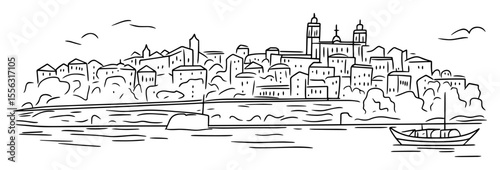 historic european town on hill by the water vector linear sketch illustration