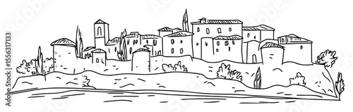 mediterranean hilltop village with old stone houses vector line sketch