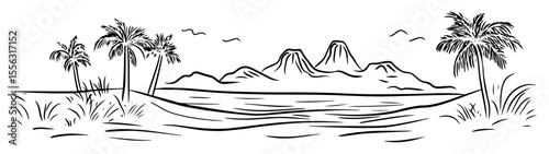 tropical bay with mountains and palm trees vector line sketch