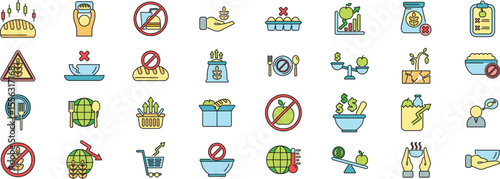 Icons representing the global food crisis, highlighting issues like food shortages, increasing prices, and widespread hunger