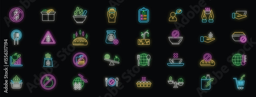 Neon icons highlighting the growing global food crisis, emphasizing food insecurity, hunger, and the economic impact on food prices