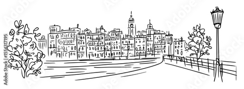 european old town street with promenade and lantern vector line sketch
