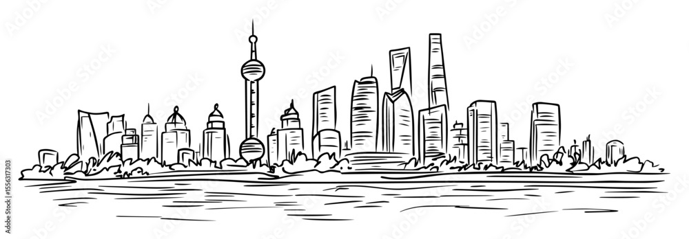 Obraz premium shanghai skyline with oriental pearl tower and skyscrapers vector line sketch