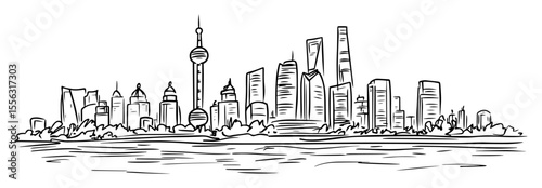 shanghai skyline with oriental pearl tower and skyscrapers vector line sketch