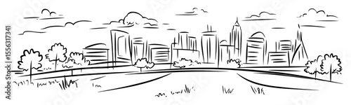 modern city skyline with green urban park vector line sketch