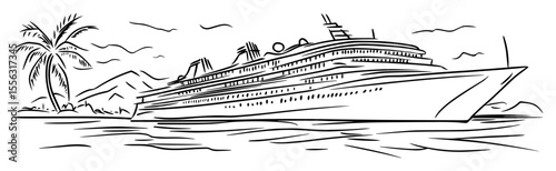 tropical port with cruise ship and palm trees vector line sketch