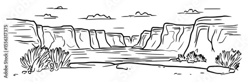 grand canyon desert cliffs and dry vegetation vector line sketch
