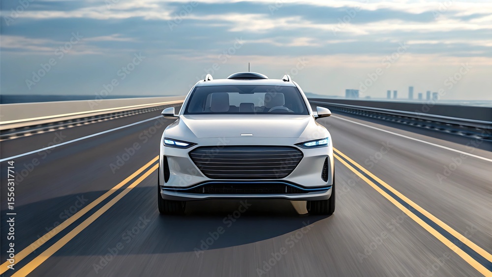 Fototapeta premium self driving driverless car concept Sleek silver SUV driving on a modern highway under a bright sky.