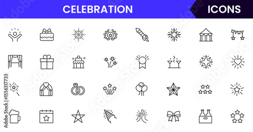 A festive Vector illustration web line icon collection for celebrations, featuring vibrant, minimalist designs perfect for event UI/UX, websites, and apps, ensuring high-quality visuals.
