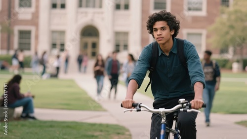 Student riding a bicycle on a college campus pathway