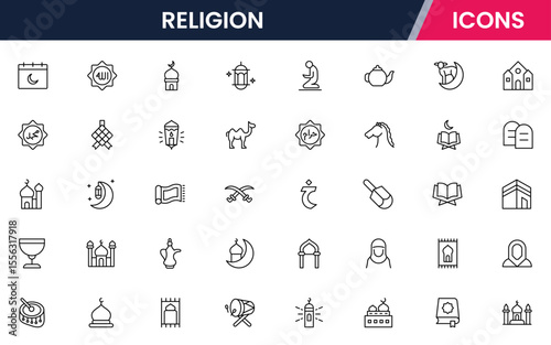 Vector illustration web line icon collection for Religion, featuring sacred symbols, rituals, and spiritual elements, designed with clean lines and modern aesthetics.