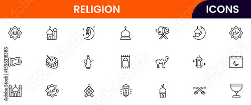 Vector illustration web line icon collection for Religion, featuring sacred symbols, rituals, and spiritual elements, designed with clean lines and modern aesthetics.
