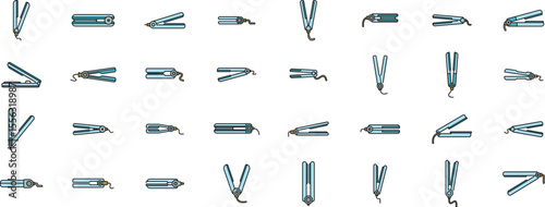 Hair straightener icons set showcasing various positions, perfect for representing hair styling, beauty salons, and cosmetic treatments