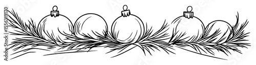 hand drawn christmas baubles on pine branches – vector line art