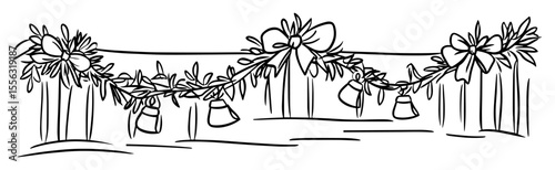 hand drawn christmas garland with bows and bells – vector line art