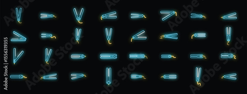 Hair straightener icons set, hair styling tool showing different positions in neon style on black background