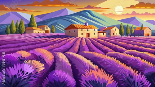 A sea of purple stretches to the horizon in neat rows of lavender glowing under the golden summer sun. Stone cottages and gentle hills in the background complete the rustic tranquility.