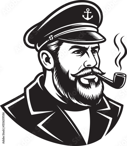 Vintage Sea Captain Mascot with Beard and Pipe for Nautical Logo Vector Illustration
