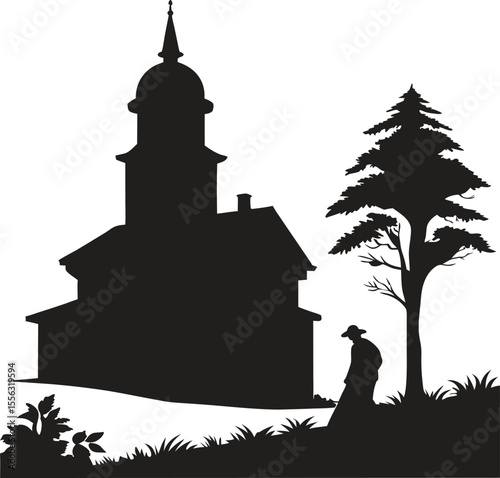 Silhouette of a historic church with a dome and steeple next to a tall pine tree and a lone figure walking in a grassy field