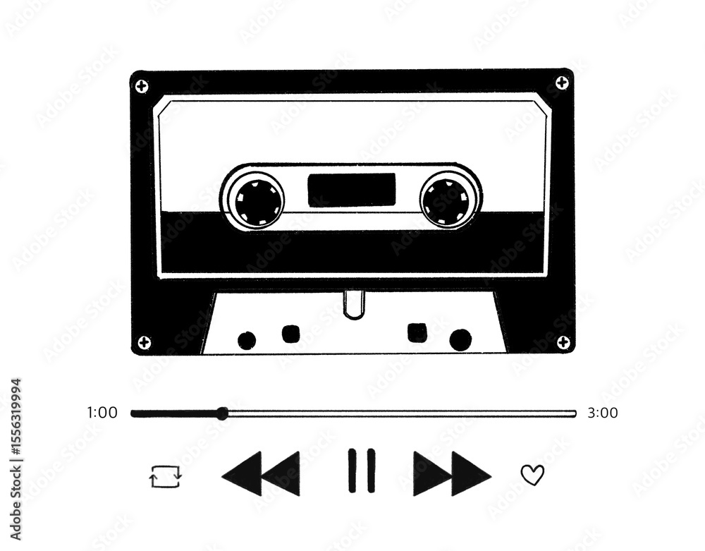 Obraz premium audio cassette tape vintage sound of music sketch, black and white line drawing of a hand on a transparent background.