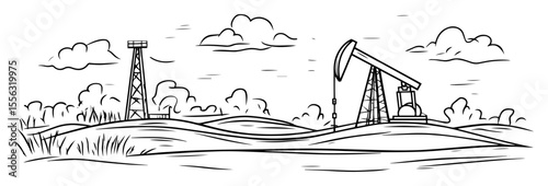 hand drawn oil pump jacks in field – industrial vector line art