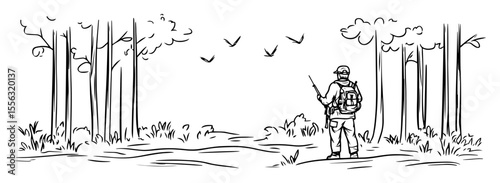 hand drawn hunter walking in forest – outdoor adventure vector