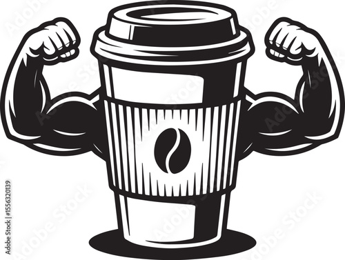 Strong Coffee Cup Mascot with Flexing Bicep Muscles Vector Logo