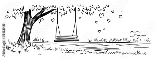 hand drawn swing on tree with hearts – romantic park scene vector
