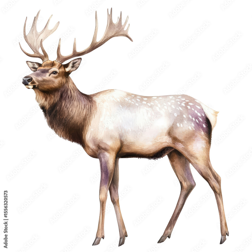Fototapeta premium Majestic ornate reindeer with large antlers standing in profile isolated on white background
