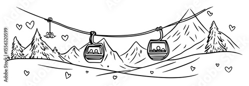 cable cars over snowy mountains with hearts in the air