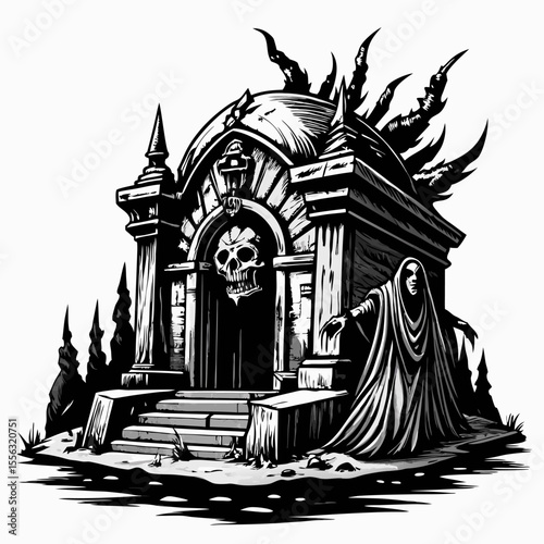 Haunted Mausoleum with Ghostly Figure and Skull Decor   Black and White Spooky Illustration