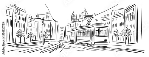street with tram and historic european buildings