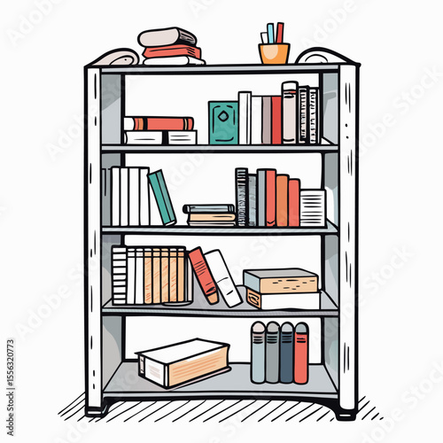 Hand Drawn Bookshelf with Assorted Books and Stationery  Illustration
