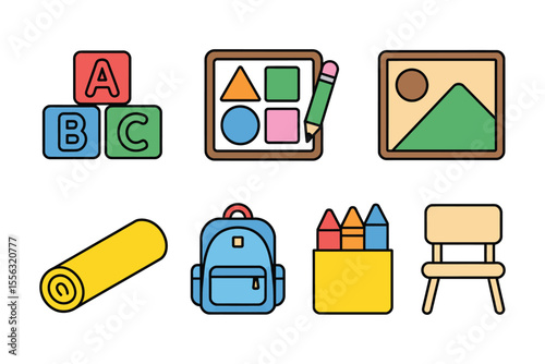 Outline with fill icon set for early childhood education featuring alphabet blocks toy puzzle coloring book picture card nap mat tiny backpack and crayon set

