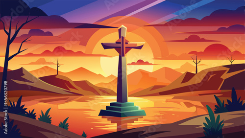 Abstract vector illustration of a summer landscape with a castle, trees, birds, and a religious silhouette against a sunset sky
