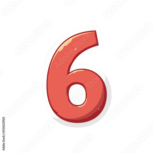 Cartoon illustration of the number six with glossy effect and dark outlines on white background