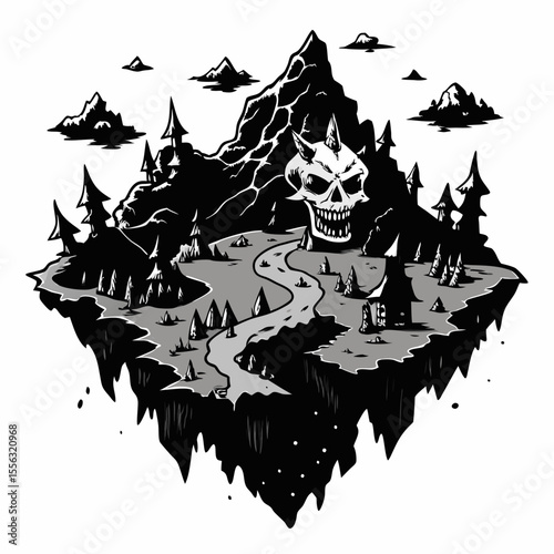 Floating Island with Skull Mountain and River Fantasy  Art