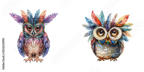 owl wearing mardi gras feather mask watercolor vector illustration