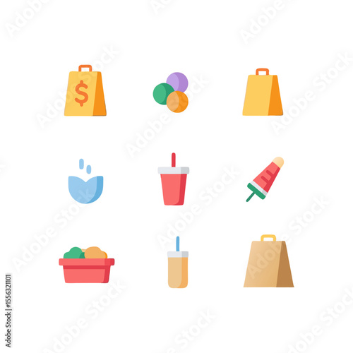 Colorful flat vector illustration showcasing shopping bags, water splash, treats, and a refreshing drink, perfect for summer designs