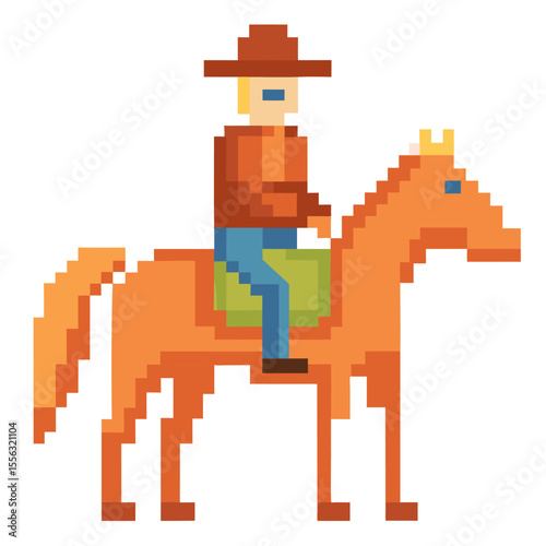 Pixel Art Cowboy Riding Horse   Retro Video Game Style Western Illustration
