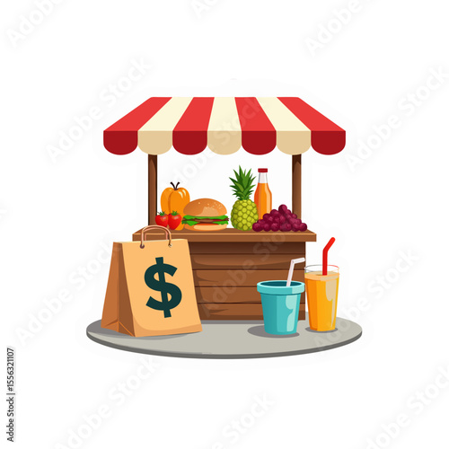 Colorful farmer's market stall illustration featuring fresh produce and a shopping bag with a dollar sign