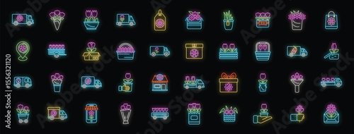 Neon icons representing various aspects of flower delivery, including vehicles, packaging, bouquets, gifts, and online ordering