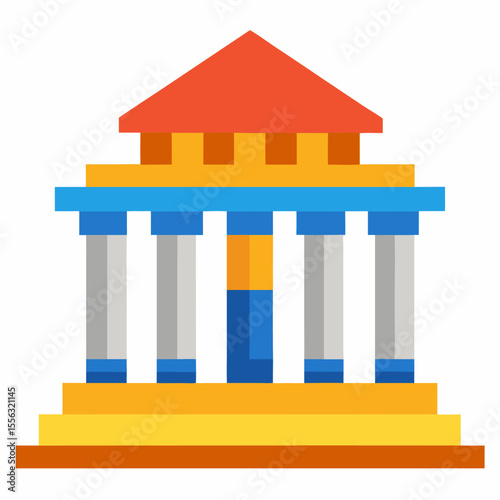 Colorful Flat Style Icon of Classical Pillared Building with Red Roof