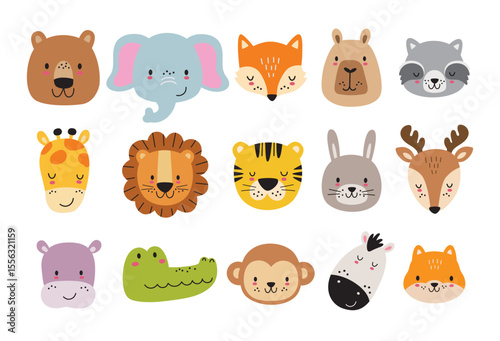 Cute wild jungle animal faces and heads vector illustration. Hand drawn animal face cartoons including a fox, tiger, lion, monkey, giraffe, etc.