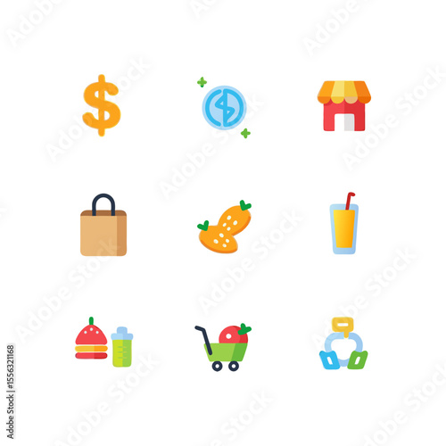 Colorful shopping icons representing finance, groceries, food, and retail commerce with a modern design