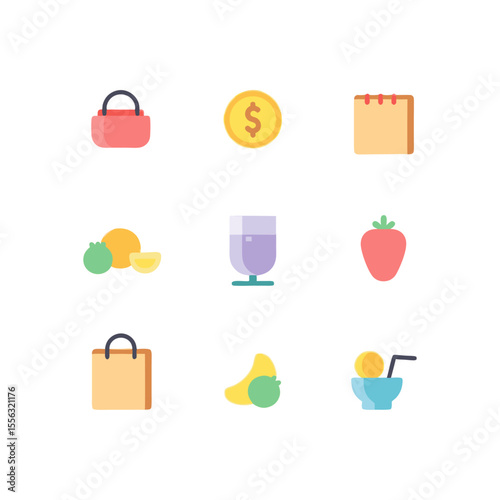 Colorful vector illustration featuring a variety of daily life objects arranged neatly on a white background providing a clean and minimalist design