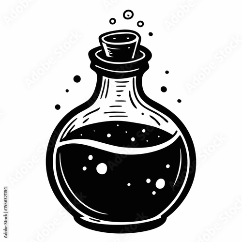 Vintage Potion Bottle Illustration with Bubbles and Cork Stopper