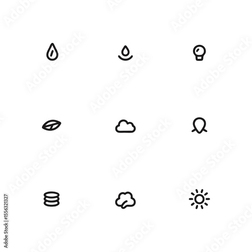 Environmental sustainability indicators illustrated with water drops, leaf, wind, and sun icons, representing essential natural elements