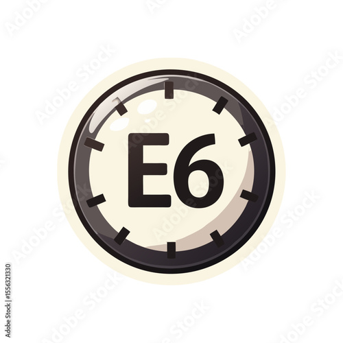 Illustrated clock face displaying E6 designation against a cream backdrop and dark gray rim, creating a visually appealing and modern aesthetic